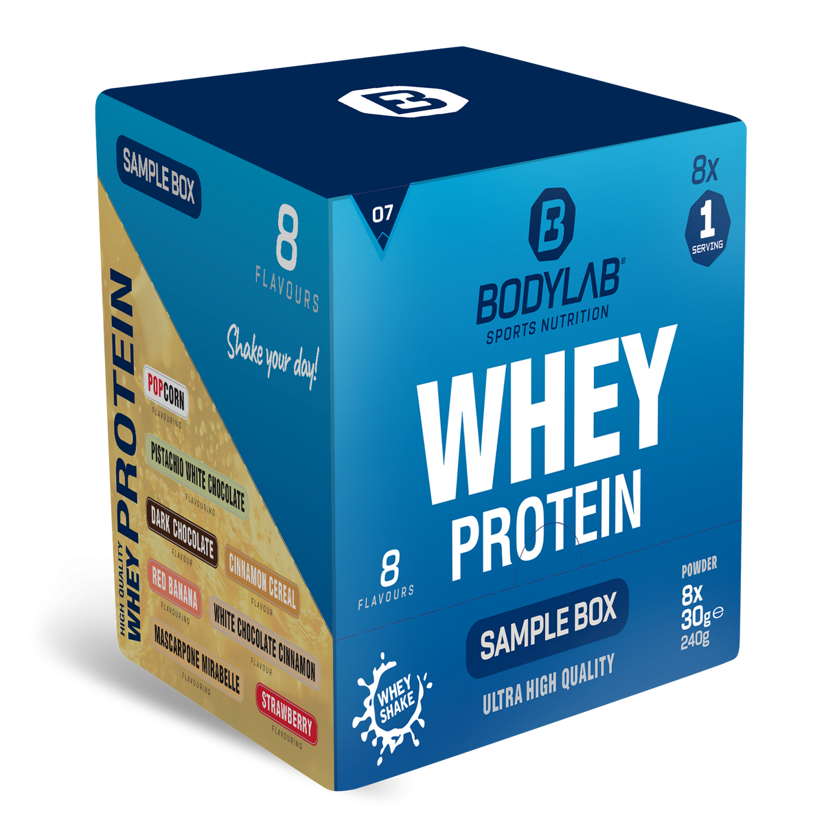 Whey Protein Probierboxen (8 Proben je 30g) Box 7: Cinnamon Cereal, Dark Chocolate, Popcorn, Red Banana, White Chocolate Pistachio, White Chocolate Cinnamon, Mascarpone Mirabelle, Erdbeere.