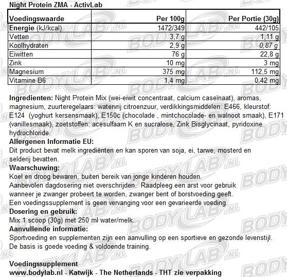 Night Protein ZMA Activlab Samenstelling