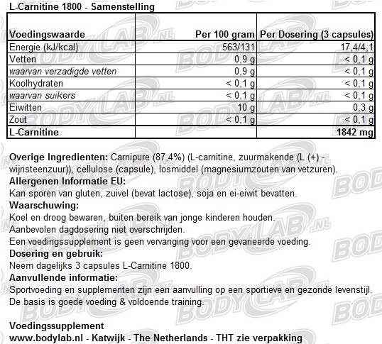 L-Carnitin 1800 Best Body Nutrition Samenstelling