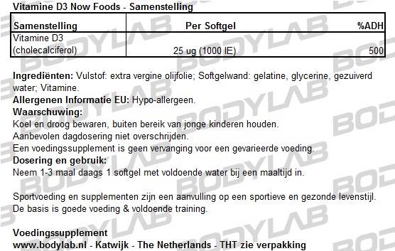Vitamine D3 Now Foods Samenstelling