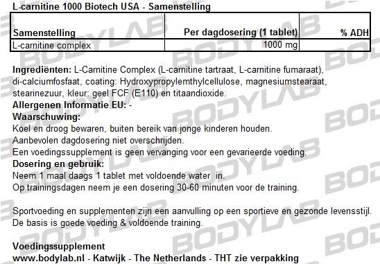 L-carnitine 1000 Biotech USA Samenstelling