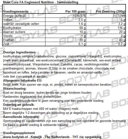 Mass Core FA Engineerd Nutrition Samenstelling