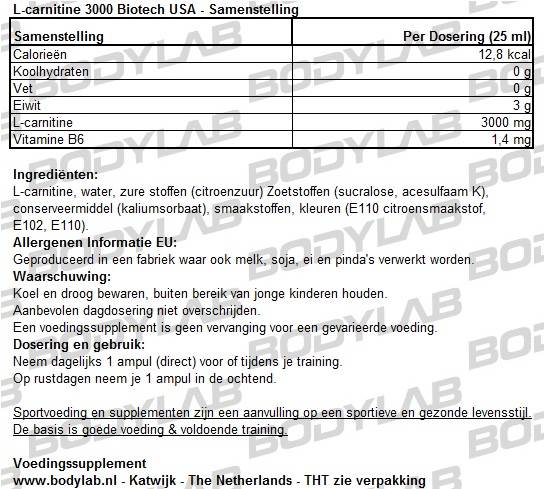 Samenstelling L-Carnitine 3000 Biotech USA