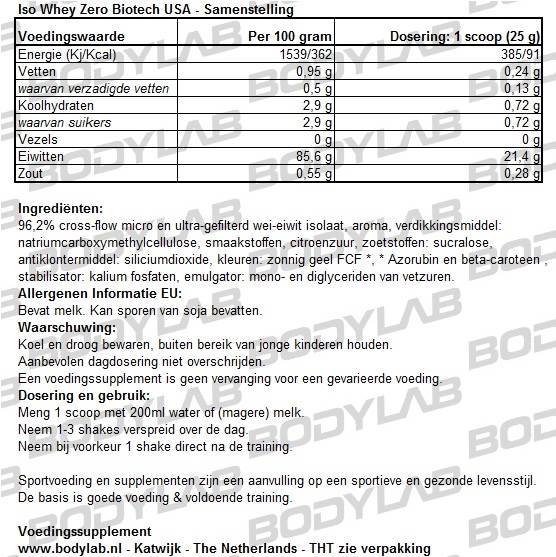 Iso Whey Zero Biotech USA Samenstelling