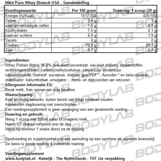 Nitro Pure Whey biotech usa samenstelling