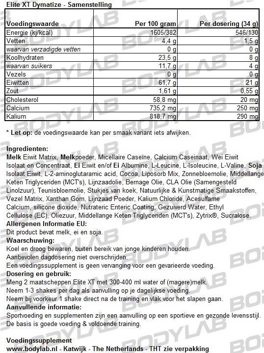 Dymatize Elite XT Samenstelling