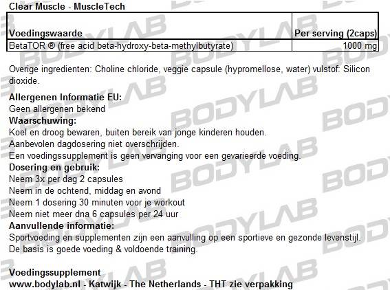 Muscletech Clear Muscle Samenstelling
