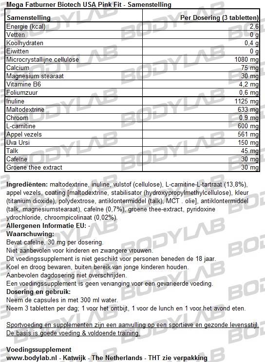 Mega Fat Burner Biotech USA Pink Fit Samenstelling