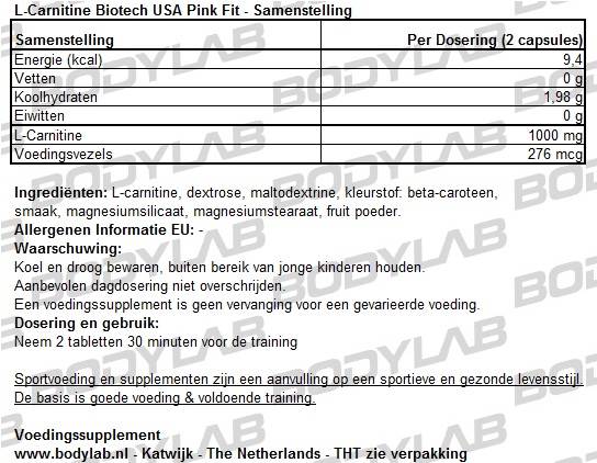 L-Carnitine Biotech USA Pink Fit Samenstelling