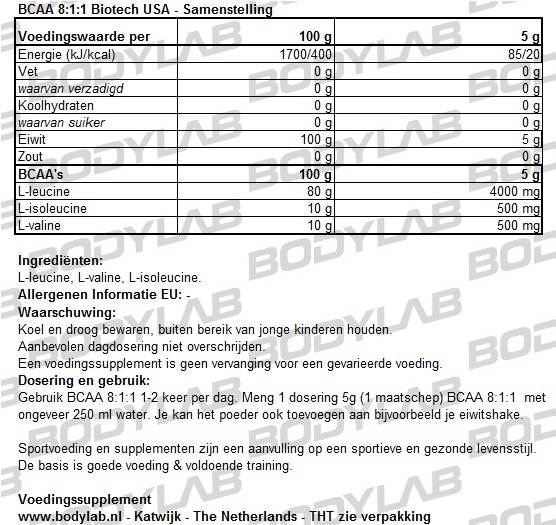 BCAA 8:1:1 BioTech USA Samenstelling