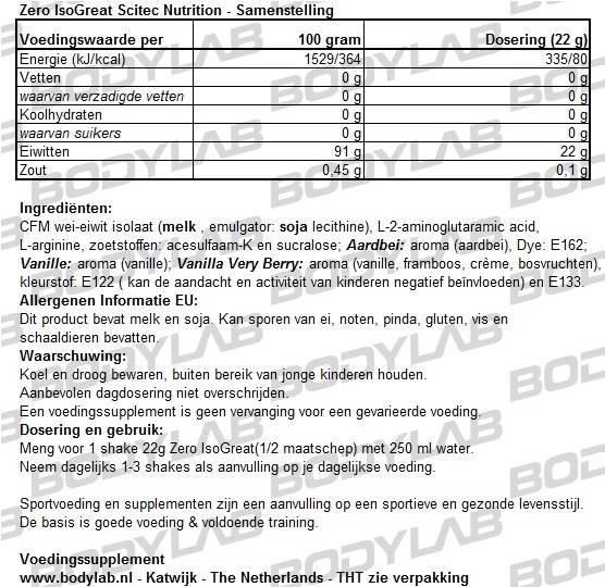 Zero IsoGreat Scitec Nutrtion Samenstelling