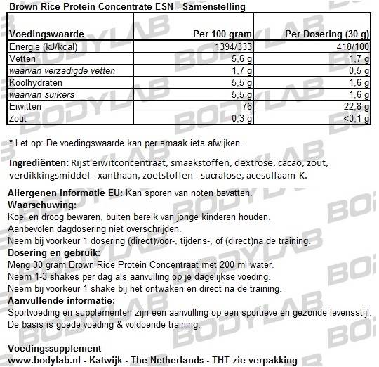Brown Rice Protein Concentrate ESN Samenstelling