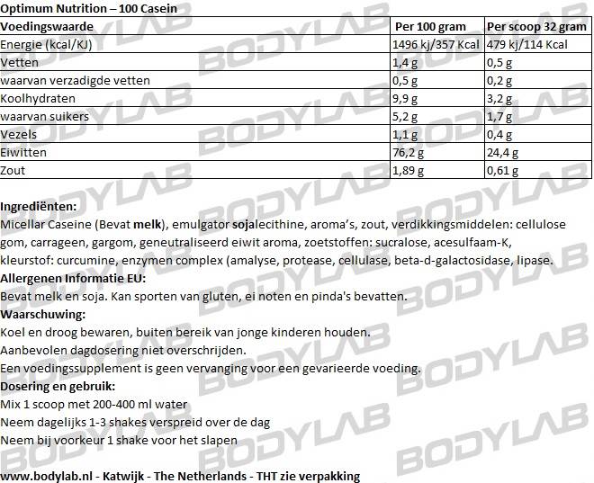 Optimum Nutrition 100% Casein Samenstelling