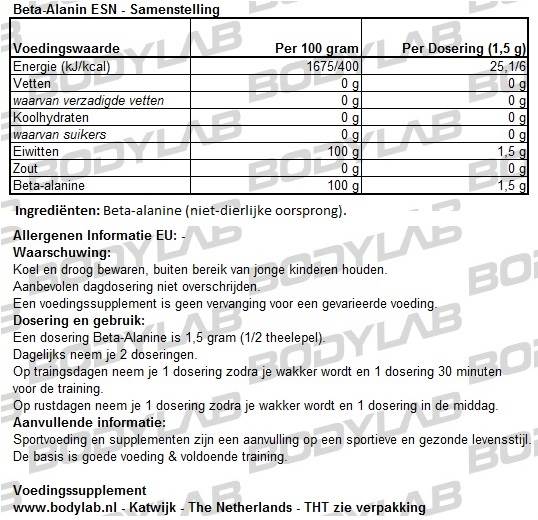 Beta-Alanine ESN Samenstelling
