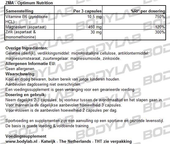 Optimum Nutrition ZMA Samenstelling