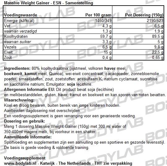 Massive Weight Gainer ESN Samenstelling