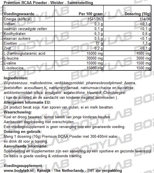 Premium BCAA Powder Weider Samenstelling