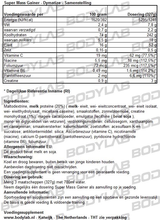 Super Mass Gainer Dymatize Samenstelling