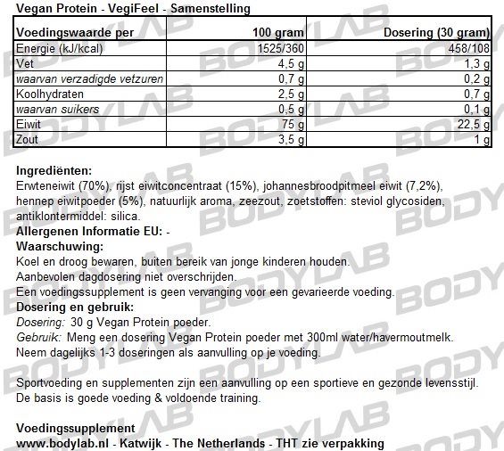 Vegan Protein VegiFeel Samenstelling