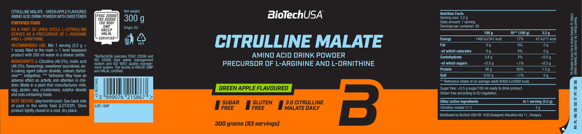Citrulline Malate (300g) Grüner Apfel
