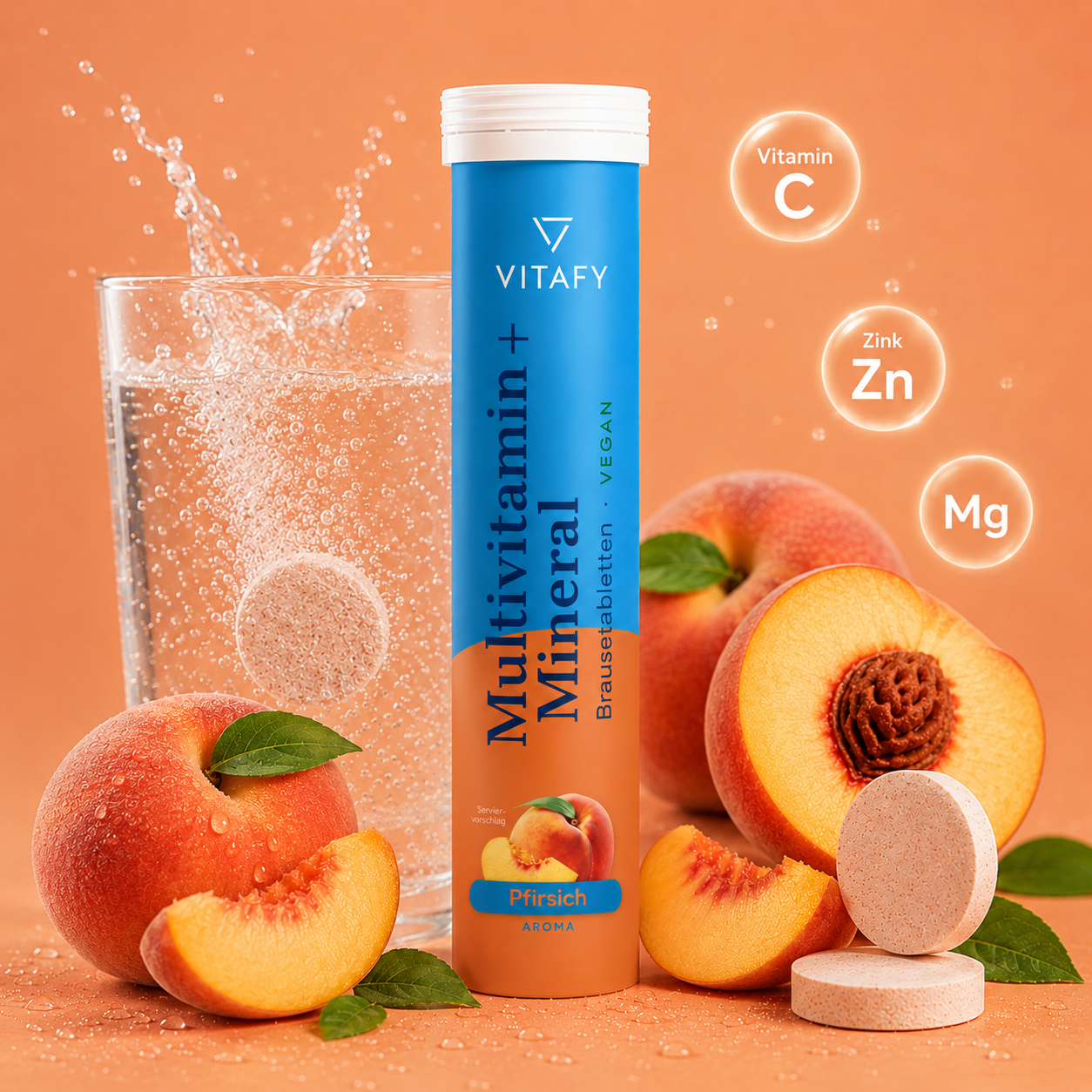 Multivitamine + Mineraal - Peach (20 bruistabletten) - 6 Pack